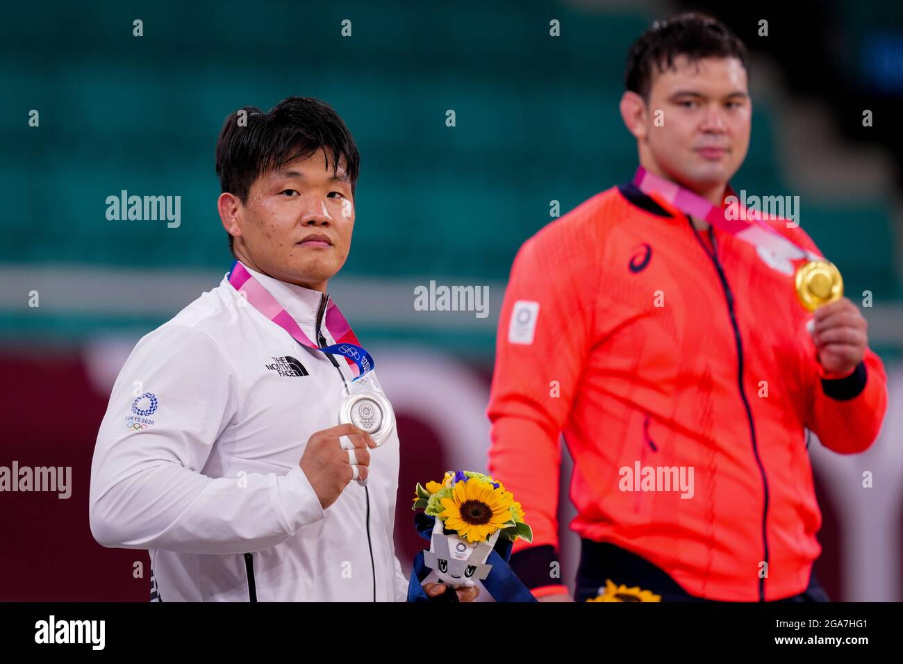 TOKIO, JAPAN - 29. JULI: Guham Cho aus Korea mit der Silbermedaille während der Medaillenzeremonie von Judo während der Olympischen Spiele 2020 in Tokio im Nippon Budokan am 29. Juli 2021 in Tokio, Japan (Foto: Yannick Verhoeven/Orange Picics) Stockfoto
