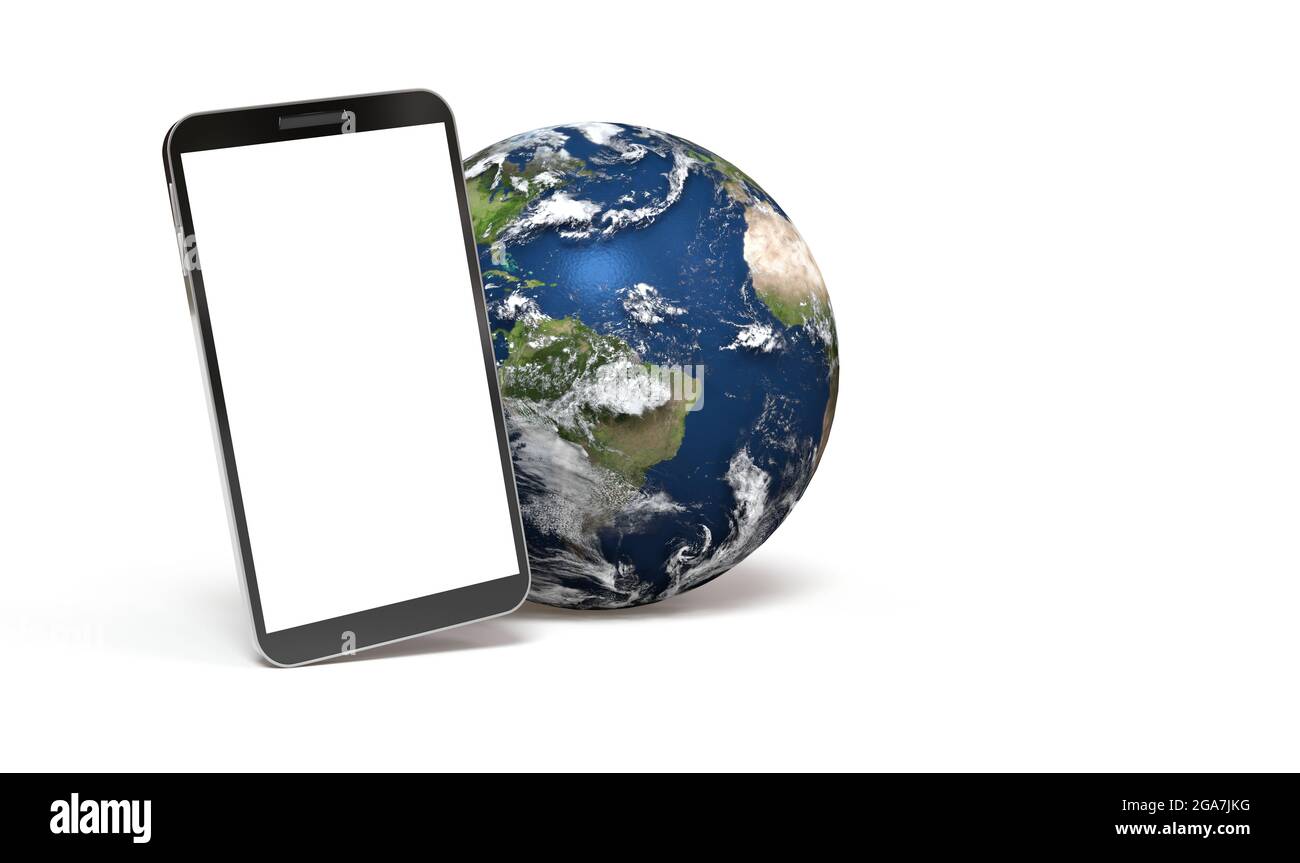 Smartphone mit Erde auf weißem Hintergrund - Erdkarte der NASA - 3D-Rendering Stockfoto