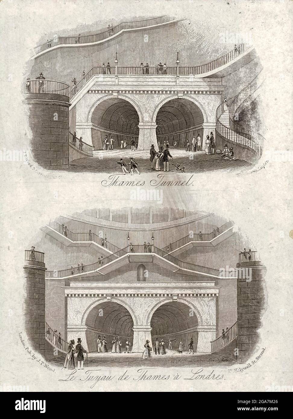 Der Thames Tunnel ist ein Tunnel unter der Themse in London, der Rotherhithe und Wapping verbindet. Er ist 35 Fuß (11 m) breit und 20 Fuß (6 m) hoch und 1,300 Fuß (396 m) lang und verläuft in einer Tiefe von 75 Fuß (23 m) unter der Flussoberfläche, die bei Flut gemessen wurde. Es ist der erste Tunnel, der bekanntermaßen erfolgreich unter einem schiffbaren Fluss gebaut wurde und zwischen 1825 und 1843 von Marc Brunel und seinem Sohn Isambard unter Verwendung des von dem älteren Brunel und Thomas Cochrane neu erfundenen Tunnelschildes errichtet wurde. Der Tunnel war ursprünglich für Pferdekutschen konzipiert, war aber hauptsächlich Stockfoto