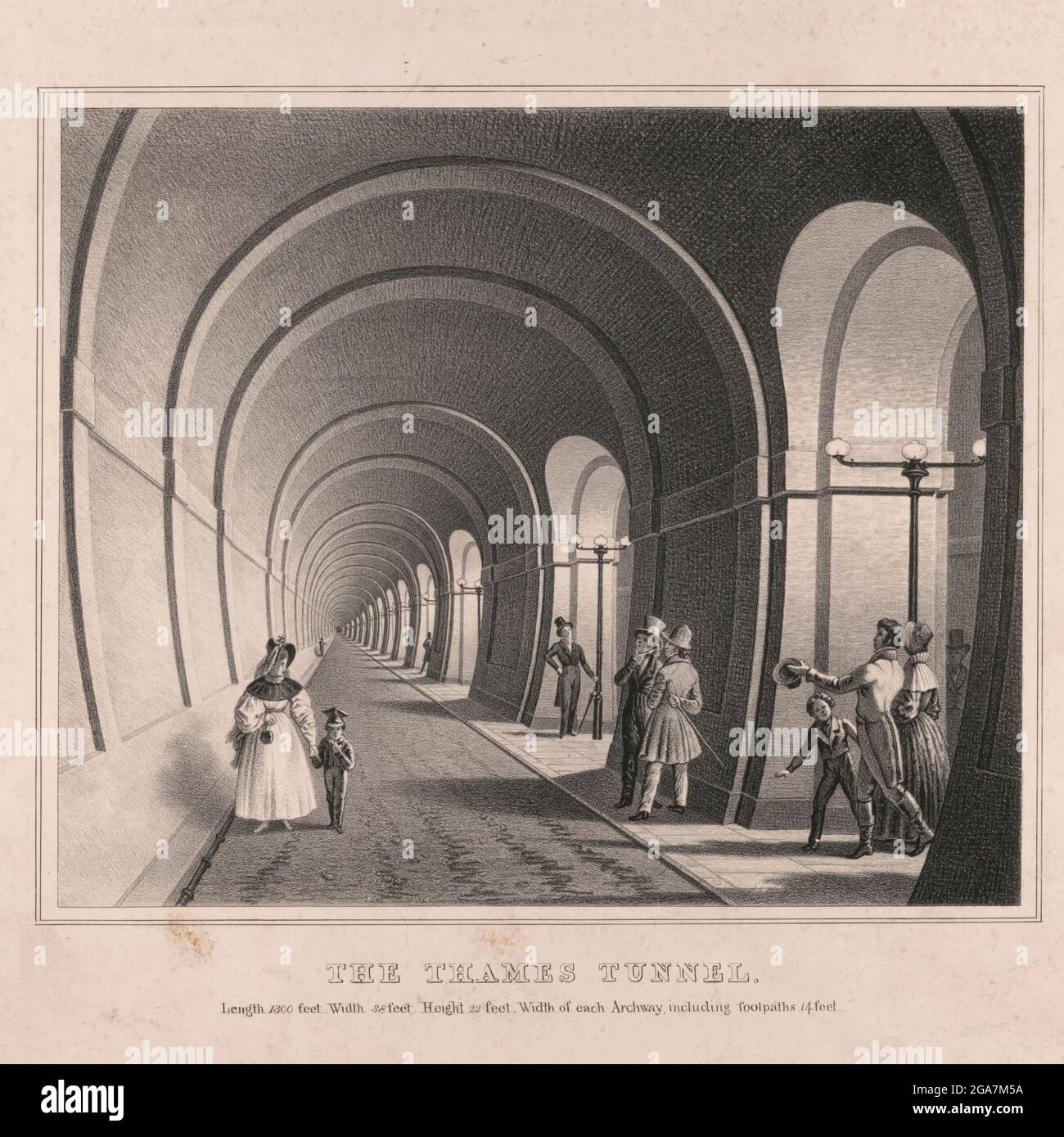 Der Thames Tunnel ist ein Tunnel unter der Themse in London, der Rotherhithe und Wapping verbindet. Er ist 35 Fuß (11 m) breit und 20 Fuß (6 m) hoch und 1,300 Fuß (396 m) lang und verläuft in einer Tiefe von 75 Fuß (23 m) unter der Flussoberfläche, die bei Flut gemessen wurde. Es ist der erste Tunnel, der bekanntermaßen erfolgreich unter einem schiffbaren Fluss gebaut wurde und zwischen 1825 und 1843 von Marc Brunel und seinem Sohn Isambard unter Verwendung des von dem älteren Brunel und Thomas Cochrane neu erfundenen Tunnelschildes errichtet wurde. Der Tunnel war ursprünglich für Pferdekutschen konzipiert, war aber hauptsächlich Stockfoto