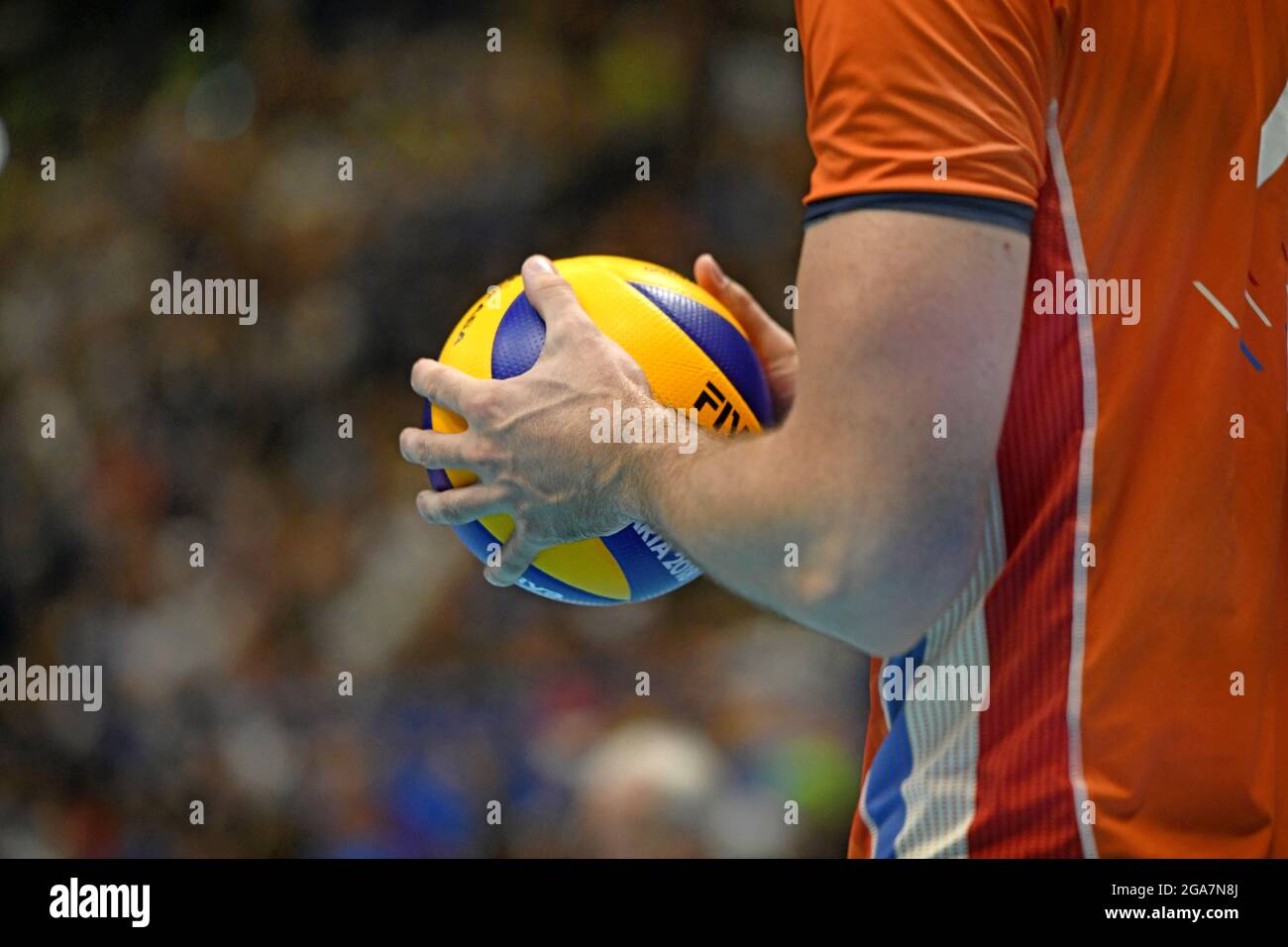 Nahaufnahme der Hände eines Volleyballspielers, der den Ball hält, während der Volleyball-Männer-Weltmeisterschaft 2018, Italien gegen Niederlande, in Mailand. Stockfoto