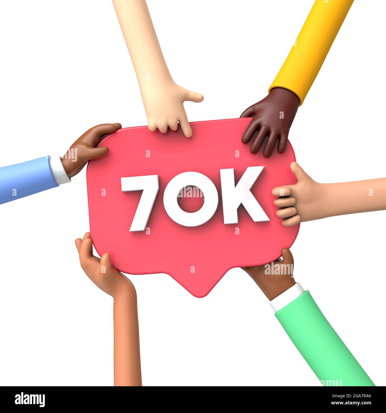 Hände mit einem 70.000 Social-Media-Follower-Banner-Label. 3D-Rendering Stockfoto