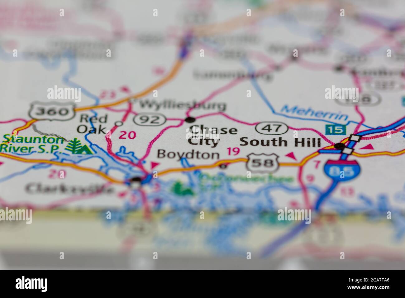 Chase City Virginia wird auf einer Straßenkarte oder Geografie-Karte angezeigt Stockfoto