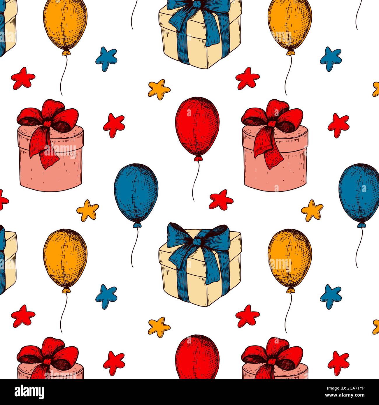 Handgezeichnetes nahtloses Happy Birthday-Muster. Vektorgrafik im farbigen Skizzenstil Stock Vektor