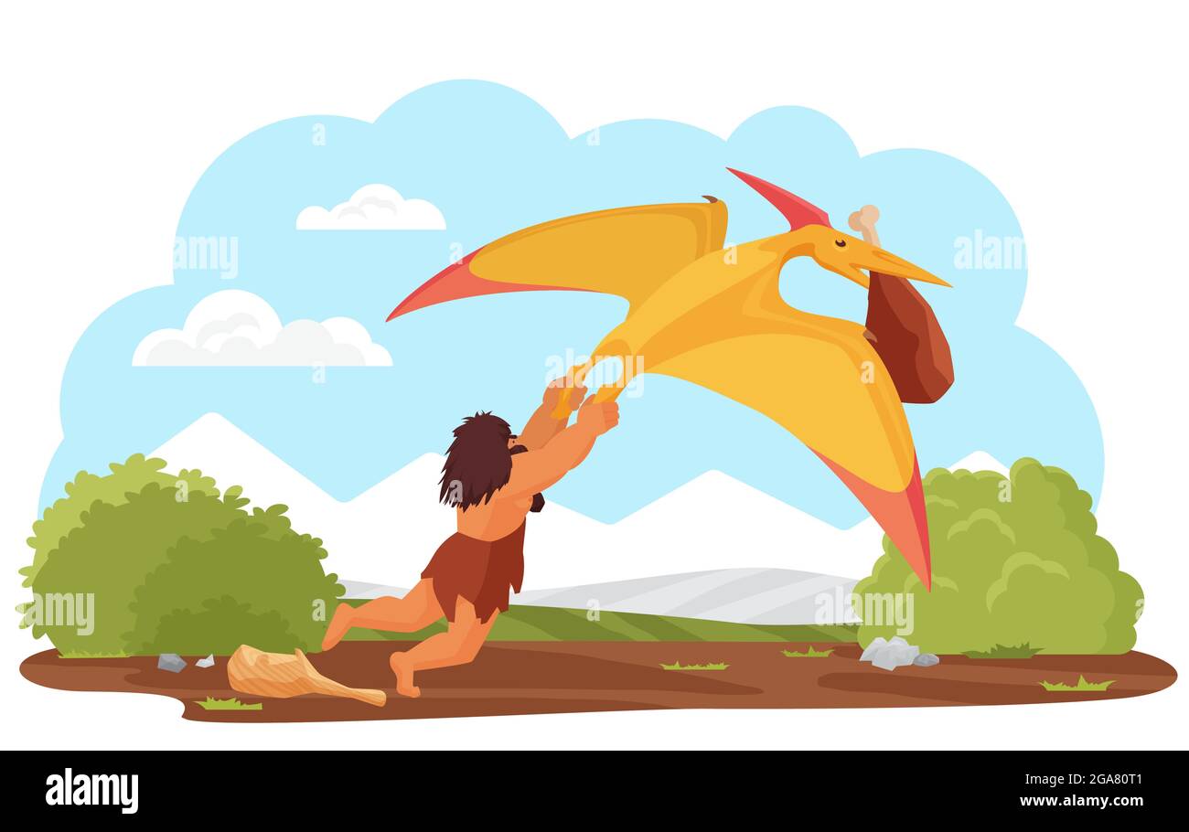 Primitive Höhlenmenschen und prähistorische Pterodactyl Vektor-Illustration. Cartoon Steinzeit Höhlenmensch Charakter Jagd, neandertaler Stamm Jäger, die Nahrung aus alten Pterodactyl isoliert auf weiß Stock Vektor