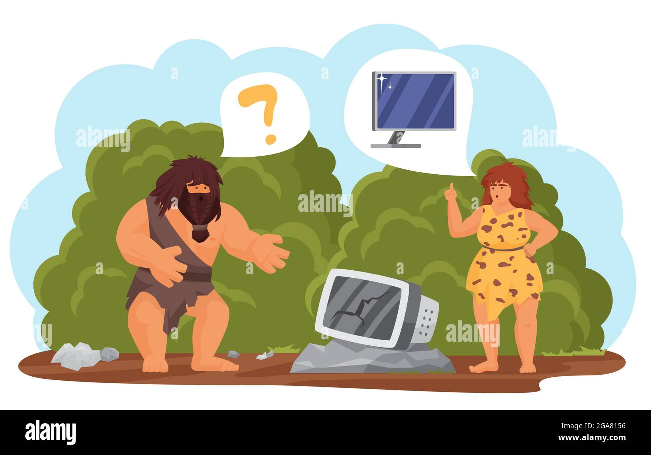 Primitive Stammes Menschen mit moderner Technologie Vektor Illustration. Cartoon Höhle Mann Frau Figuren stehen mit alten kaputten Computer, Höhlenmensch träumen von neuen pc, Tech-Evolution isoliert auf weiß Stock Vektor