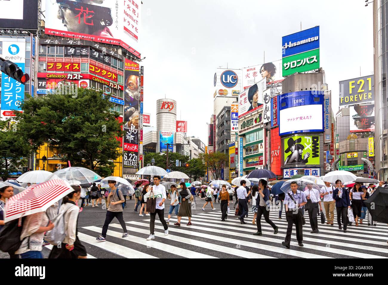 Tokio, Japan - 21. Juni 2016: Die geschäftigen Straßen von Tokio an einem  regnerischen Tag. Viele Menschen, die Regenschirme halten, überqueren die  geschäftige Kreuzung Shibuya Crossing Stockfotografie - Alamy