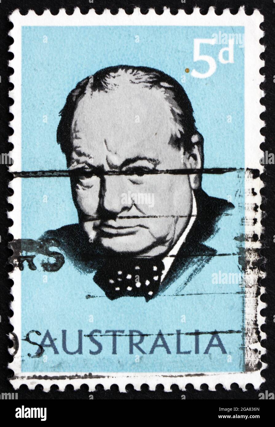 AUSTRALIEN - UM 1965: Eine in Australien gedruckte Briefmarke zeigt Sir Winston Spencer Churchill, britischer Staatsmann, um 1965 Stockfoto