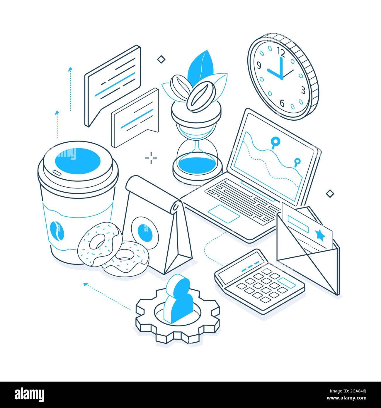 Mittagspause – Illustration der isometrischen Linien in Schwarz und Blau. Schnelle und angenehme Mahlzeiten am Arbeitsplatz Idee. Laptop, Kaffee, Donuts, zum Mitnehmen, Sanduhr Stock Vektor