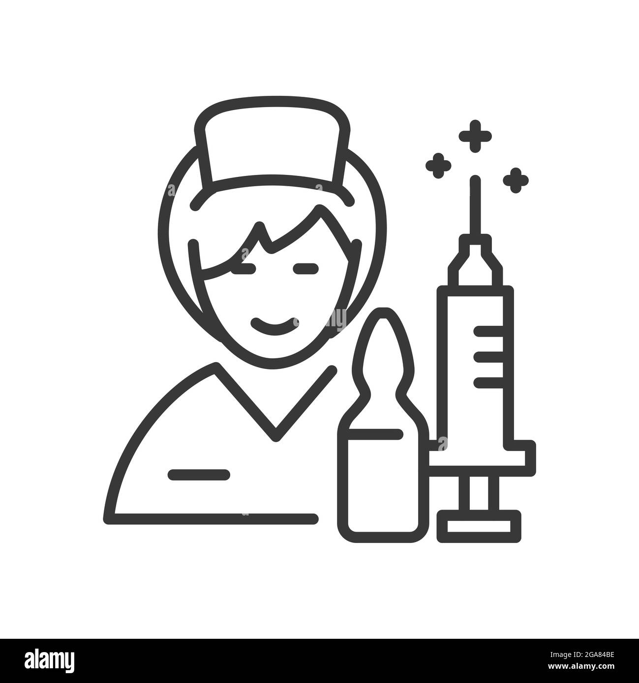 Krankenschwester gibt Impfstoff - Vektor-Liniendesign einzelnes isoliertes Symbol auf weißem Hintergrund. Hochwertiges schwarzes Piktogramm. Die Gesundheit der Menschen steht auf dem Schutz. Vor Stock Vektor