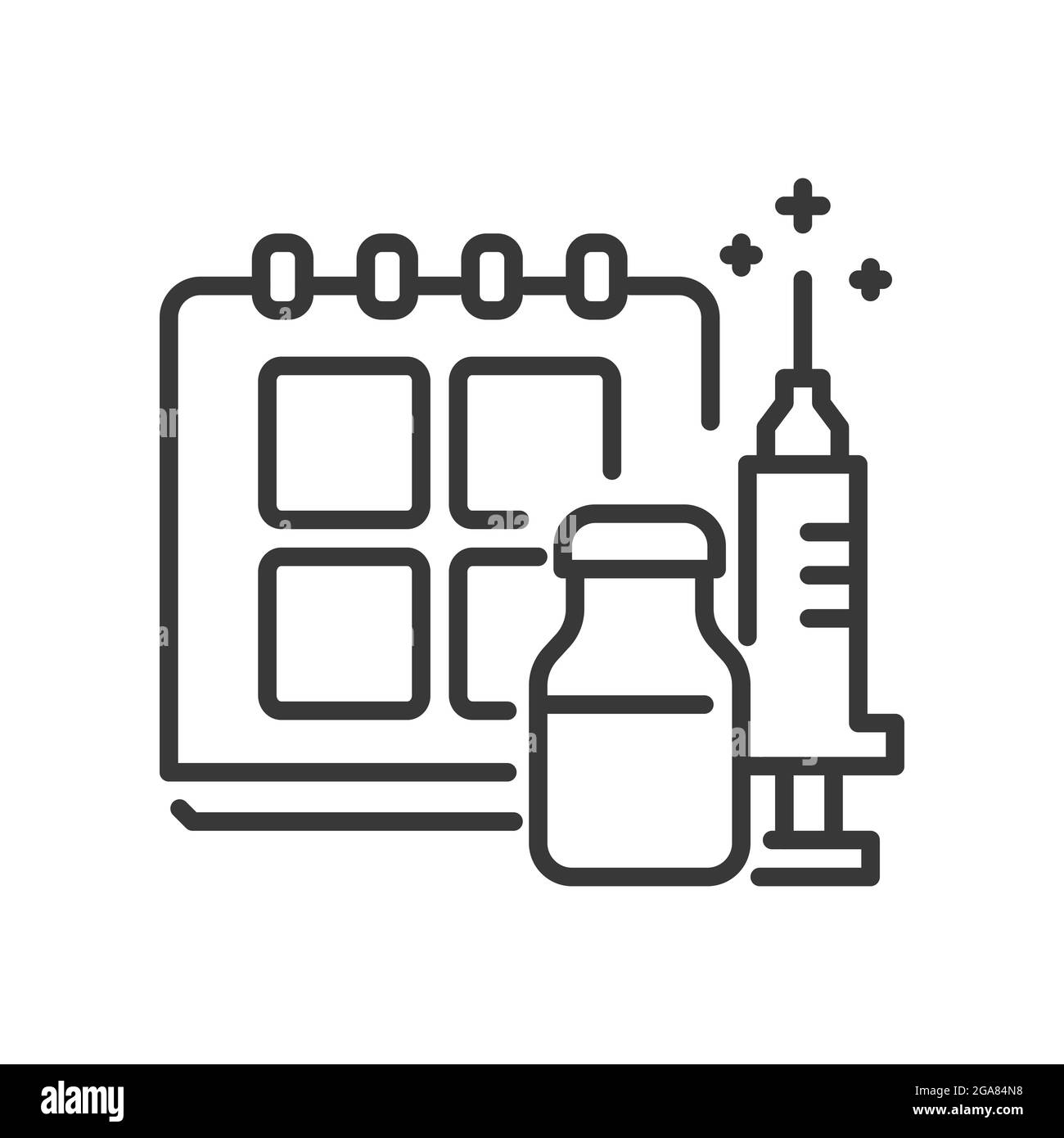 Geplante Impfung - Vektorlinien-Design einzelnes isoliertes Symbol auf weißem Hintergrund. Hochwertiges schwarzes Piktogramm. Die Gesundheit der Menschen steht unter Schutz. Preve Stock Vektor