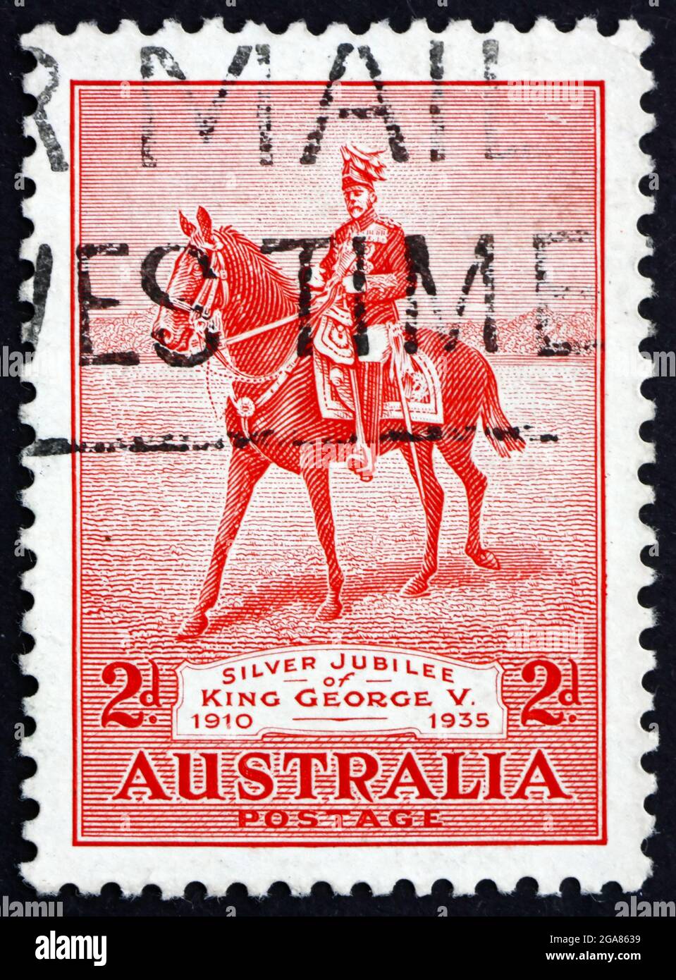 AUSTRALIEN - UM 1935: Eine in Australien gedruckte Briefmarke zeigt König George V auf seinem Charger Anzac, 25. Jahrestag der Regierungszeit von König George V., cir Stockfoto