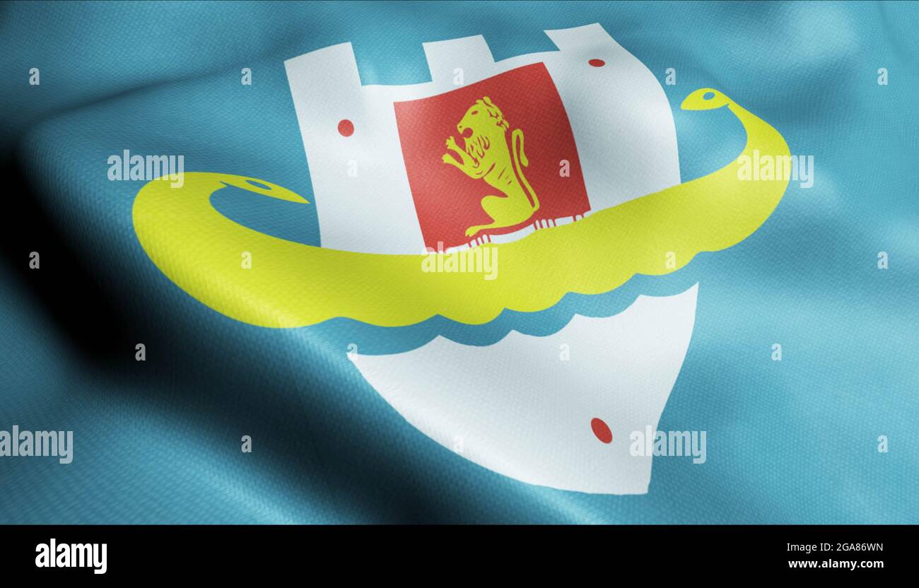 3D-Illustration einer schwenkenden albanischen Stadtflagge von Durres Stockfoto