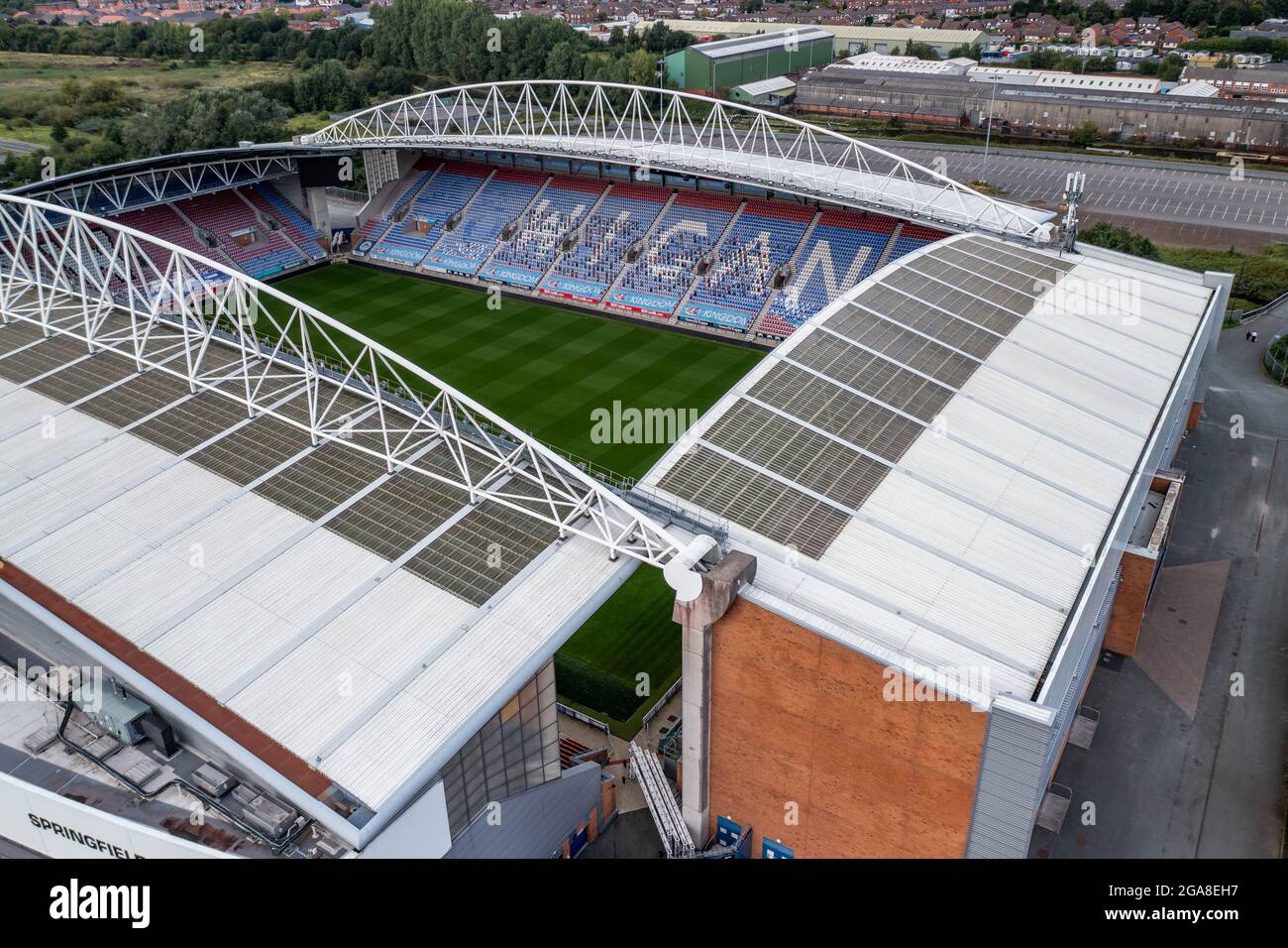 Wigan Athletic Football Club DW Stadium Luftbilddrohne Fotografie die Latik Stockfoto