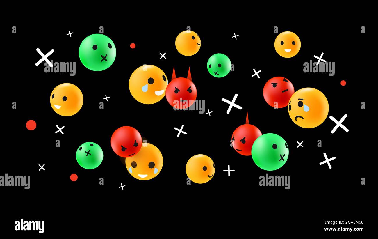 Grün-Gelb und Rot fließende Emoticons. Emotionale Gesichter auf dunklem Hintergrund. Darstellung Der Reaktionen In Sozialen Medien. Vektorgrafik Stock Vektor