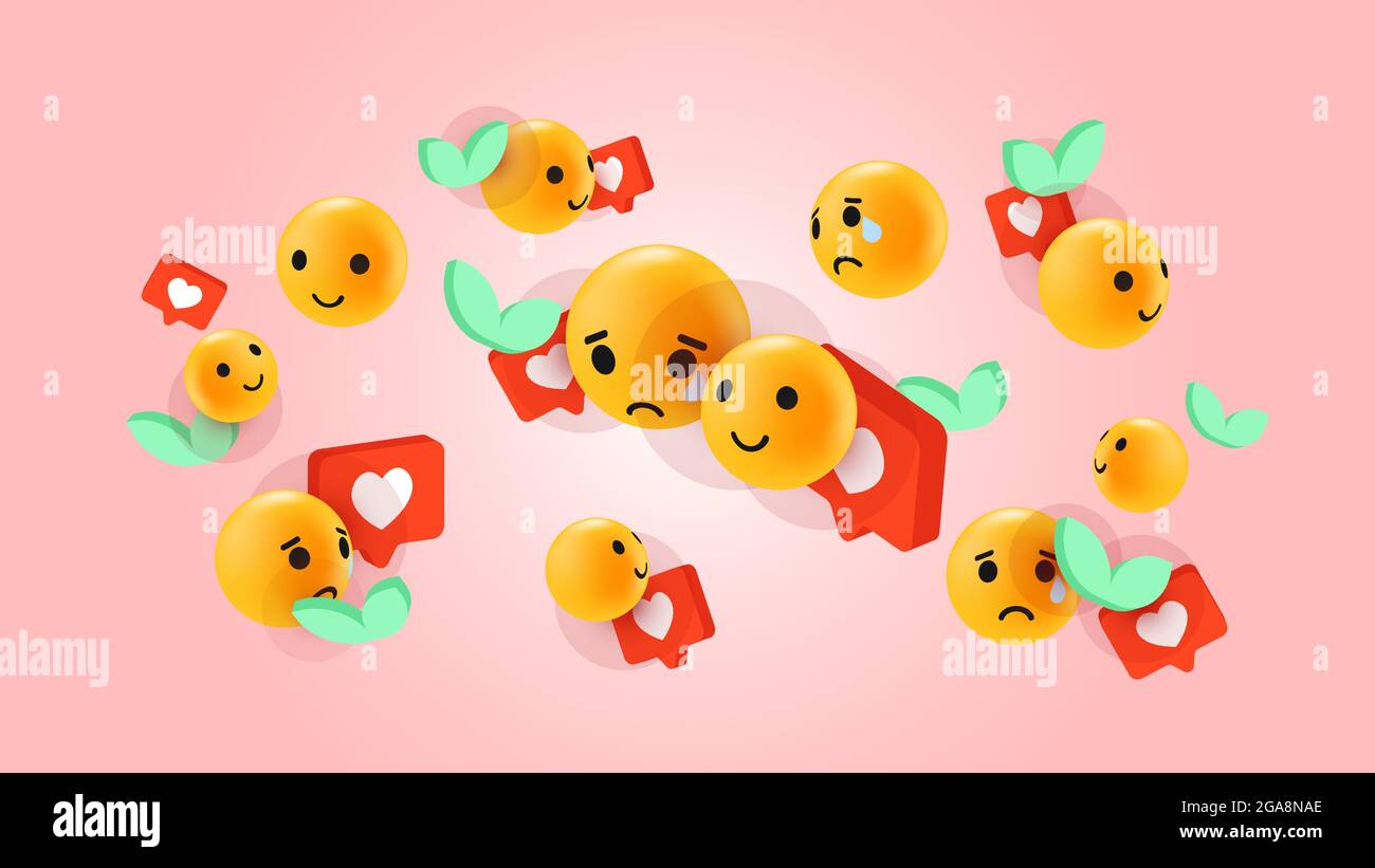 Emoticon Reaktionen auf Peachy Hintergrund. Herzförmig Wie, Emoji Gesichter, Blätter. Vektorgrafik Stock Vektor