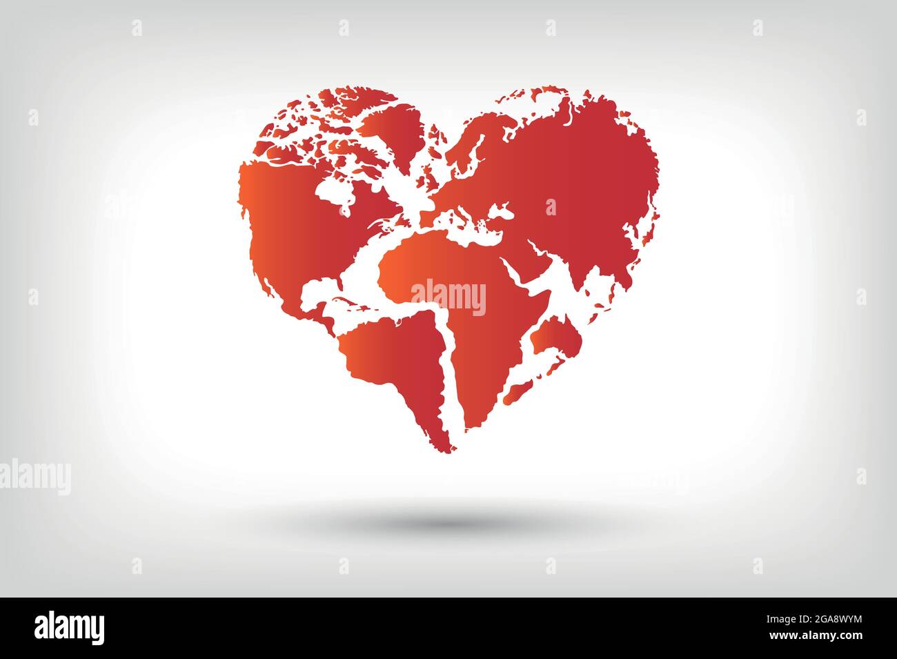 Heart World, Welt und Liebe, Happy World Map. Weltkarte, die wie ein Herz aussieht. Weltkarte, die Liebe und Frieden auf der Erde darstellt. Stock Vektor