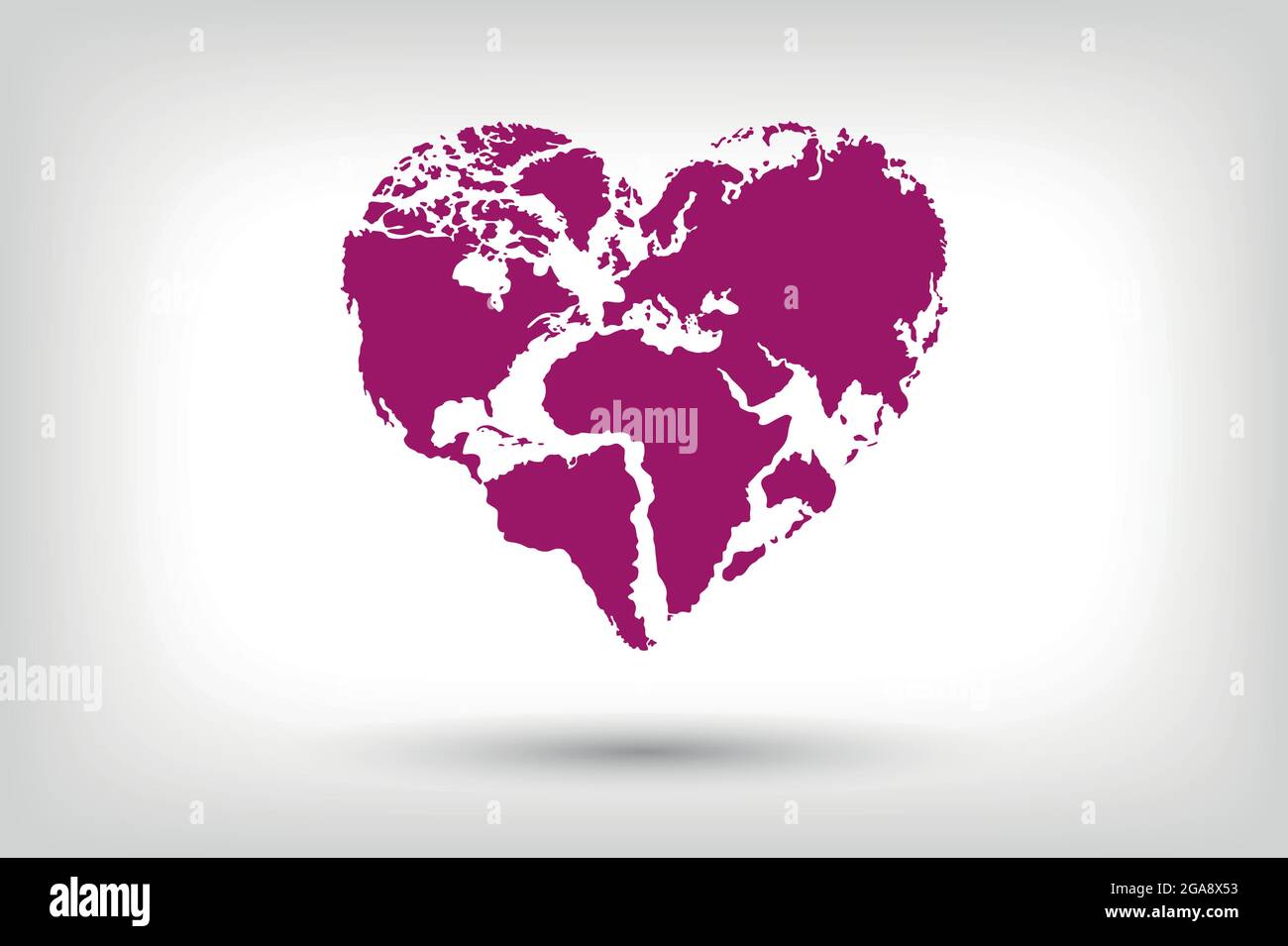 Heart World, Welt und Liebe, Happy World Map. Weltkarte, die wie ein Herz aussieht. Weltkarte, die Liebe und Frieden auf der Erde darstellt. Stock Vektor