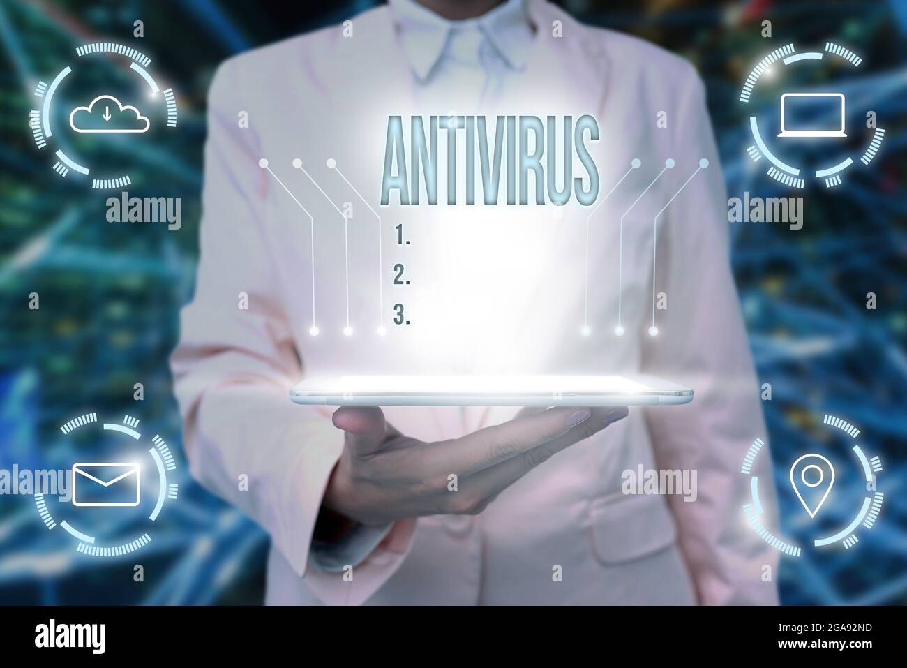 Inspiration zeigt Zeichen Antivirus. Konzeptfoto geeignet für die Erkennung und Entfernung von Computerviren Lady Uniform Standing Tablet Hand Stockfoto