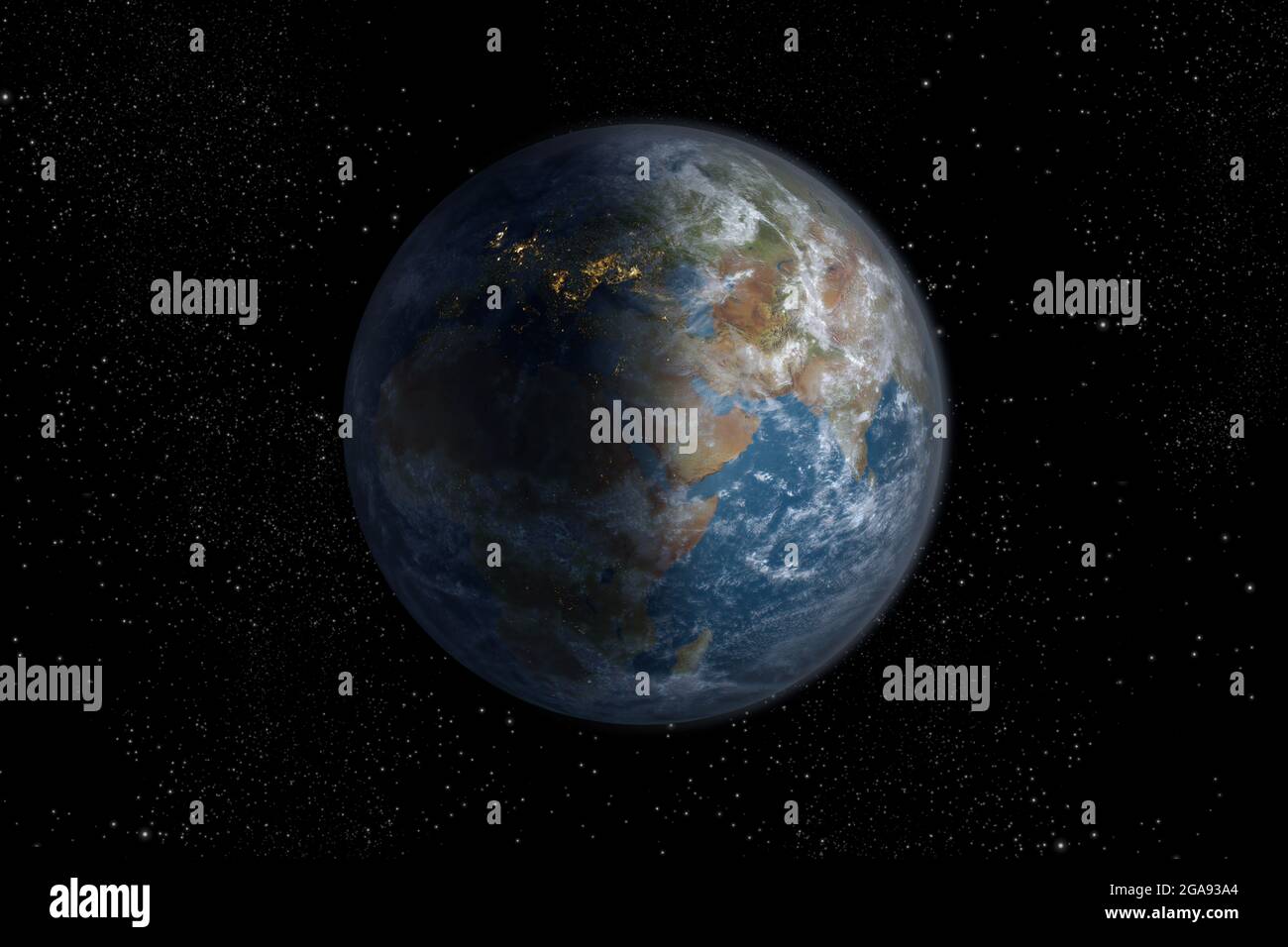 3D-Illustration des Planeten Erde im Halbtageslichtlicht gedreht, um Afrika, den Nahen Osten und Europa zu zeigen, wobei der Beschneidungspfad in der Datei enthalten ist. Elem Stockfoto