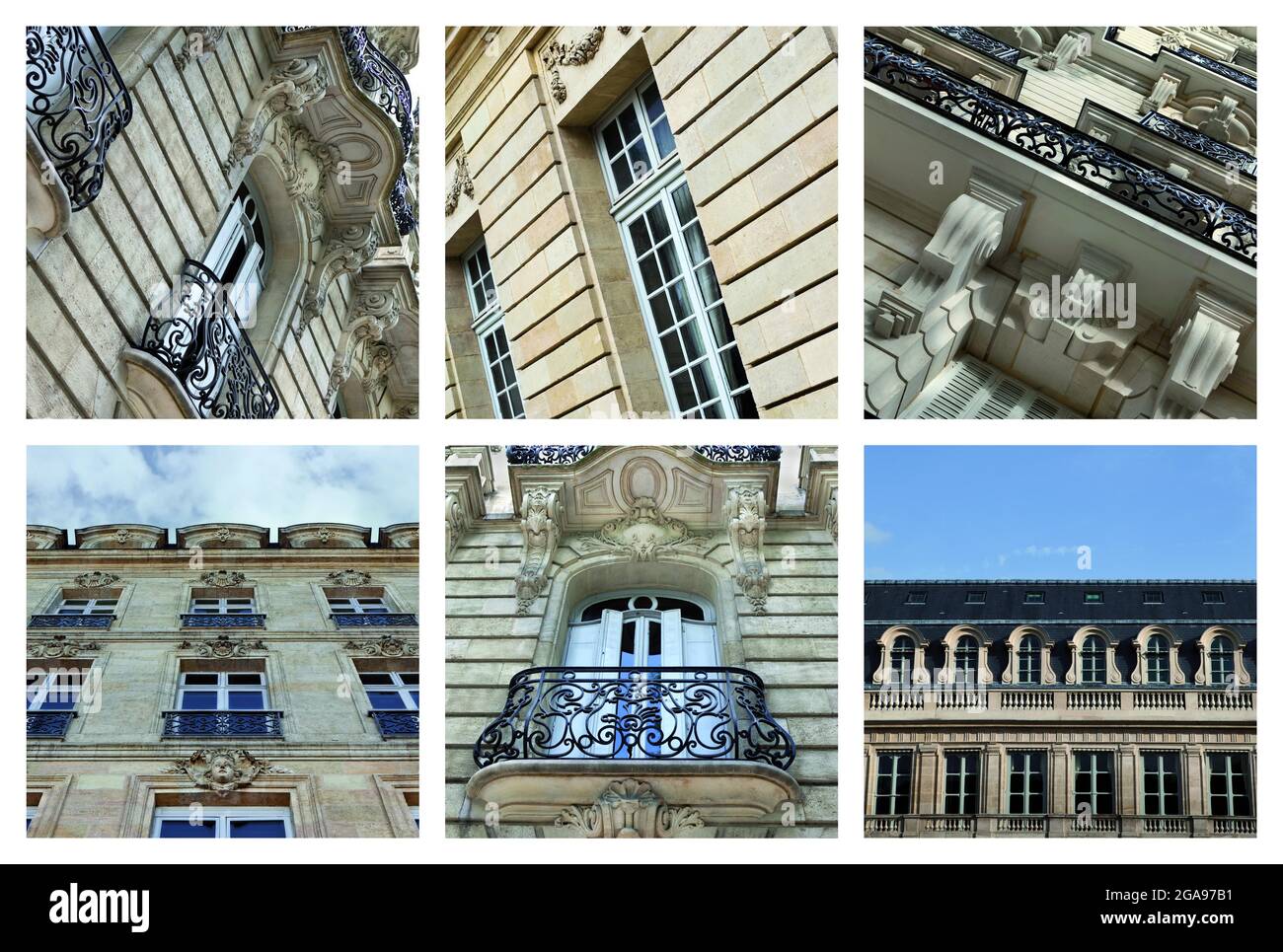Set aus verschiedenen stonierten Fassaden in Frankreich Stockfoto