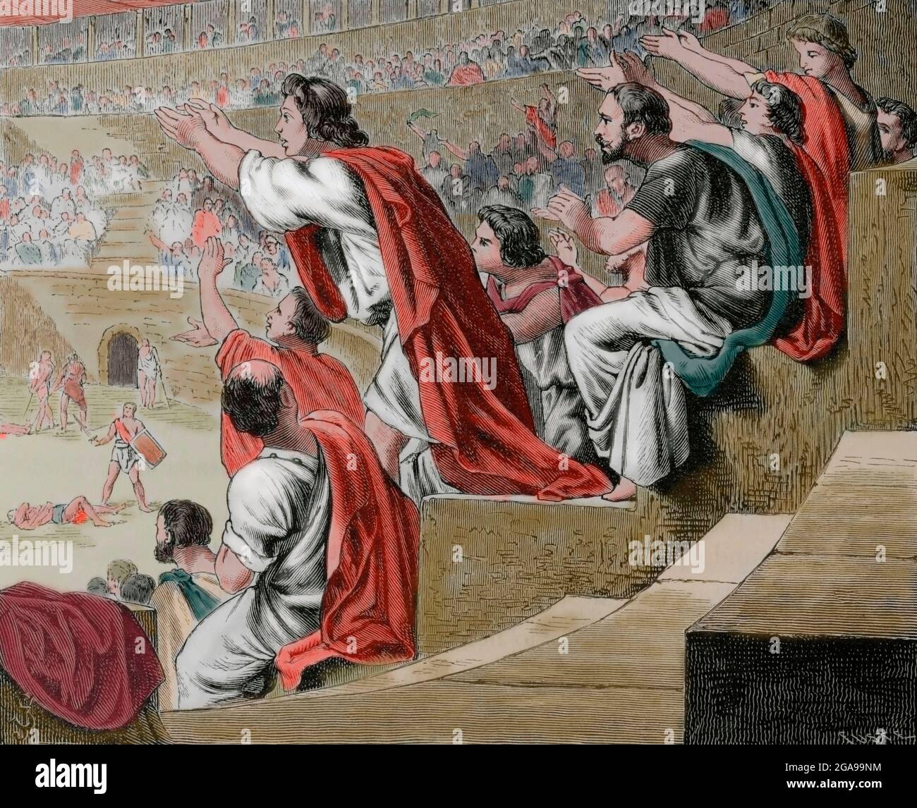Römisches Reich. Zuschauer bei einem Gladiatorenkampf. Gravur. Spätere Färbung. La Civilizacion (die Zivilisation), Band II, 1881. Stockfoto