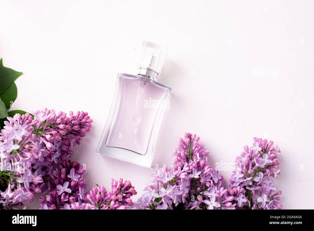 Eine Flasche Parfüm und Flieder auf weißem Hintergrund. Damenparfüm. Frühlingsduft. Aromatherapie. Guter Geruch. Schönheit und Mode. Artikel über die Wahl des Duftes. Ein Artikel über aktuelle Geschmacksrichtungen . Platz kopieren. Ein Zweig von Flieder. Natur Stockfoto