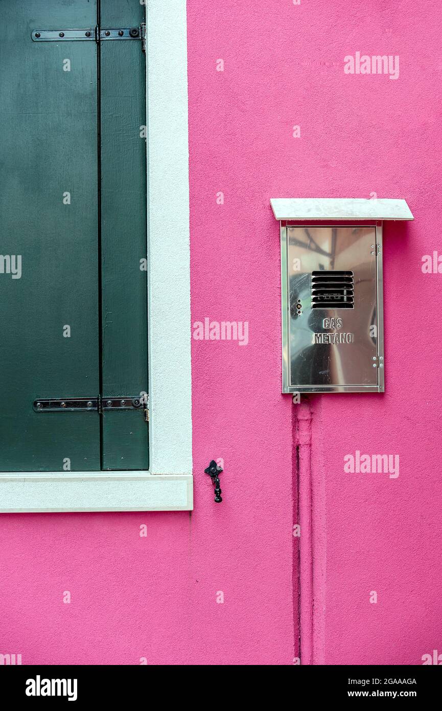 Nahaufnahme der Farben von Burano, Italien, Stockfoto