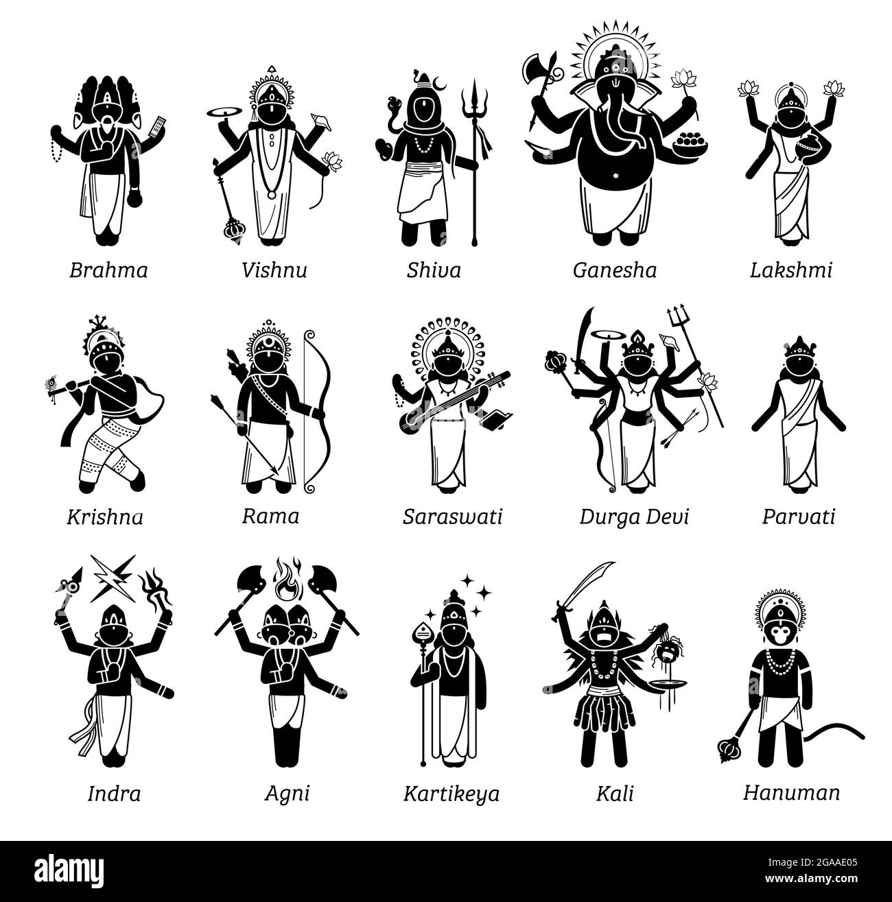 Hinduistische Götter, Göttin und Gottheiten in Strichmännchen-Ikonen. Vektorillustrationen der populären Hindu-Gottheiten Brahma, Vishnu, Shiva, Genesha, Lakshmi, Krishna Stock Vektor