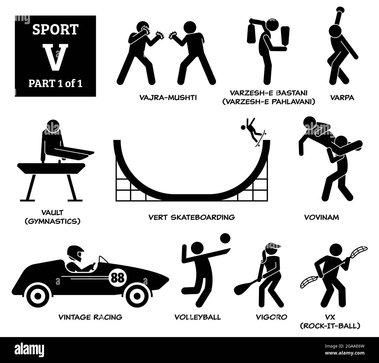 Sport Spiele Alphabet V Vektor Symbole Piktogramm. Vajra-mushti, varzesh-e Bastani, varpa, Vault Gymnastik, vert Skateboarding, Vovinam, Oldtimer-Rennen, V Stock Vektor