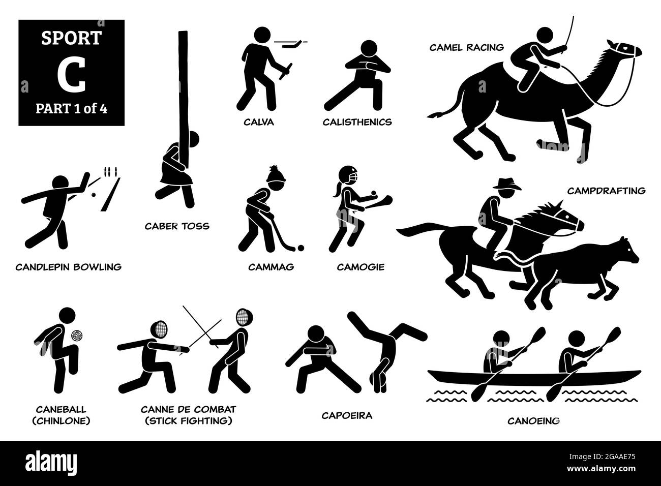 Sport Spiele Alphabet C Vektor Symbole Piktogramm. Calva, Calisthenics, Kamelrennen, Candlepin Bowling, Caber Toss, Cammag, Camogie, CampDrafting, Caneba Stock Vektor