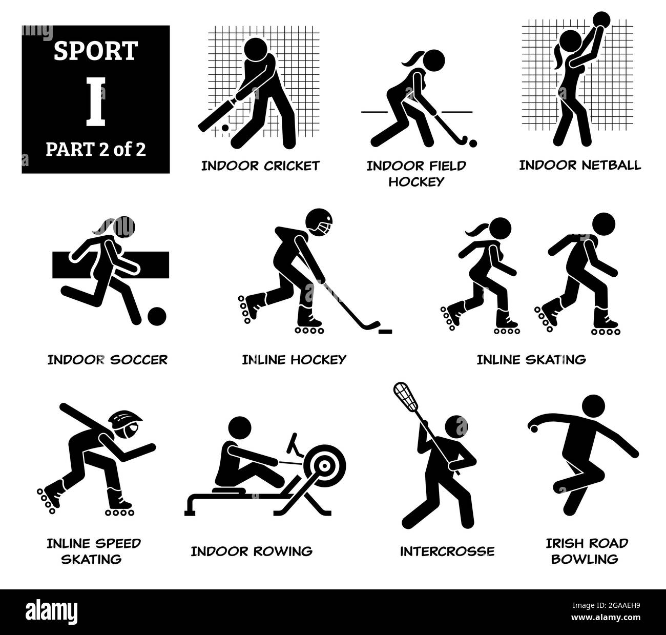 Sport Spiele Alphabet i Vektor-Symbole Piktogramm. Indoor Cricket, Hockey, Netball, Hallenfußball, Inline Hockey, Inline-Skating, Eisschnelllauf, Rudern Stock Vektor