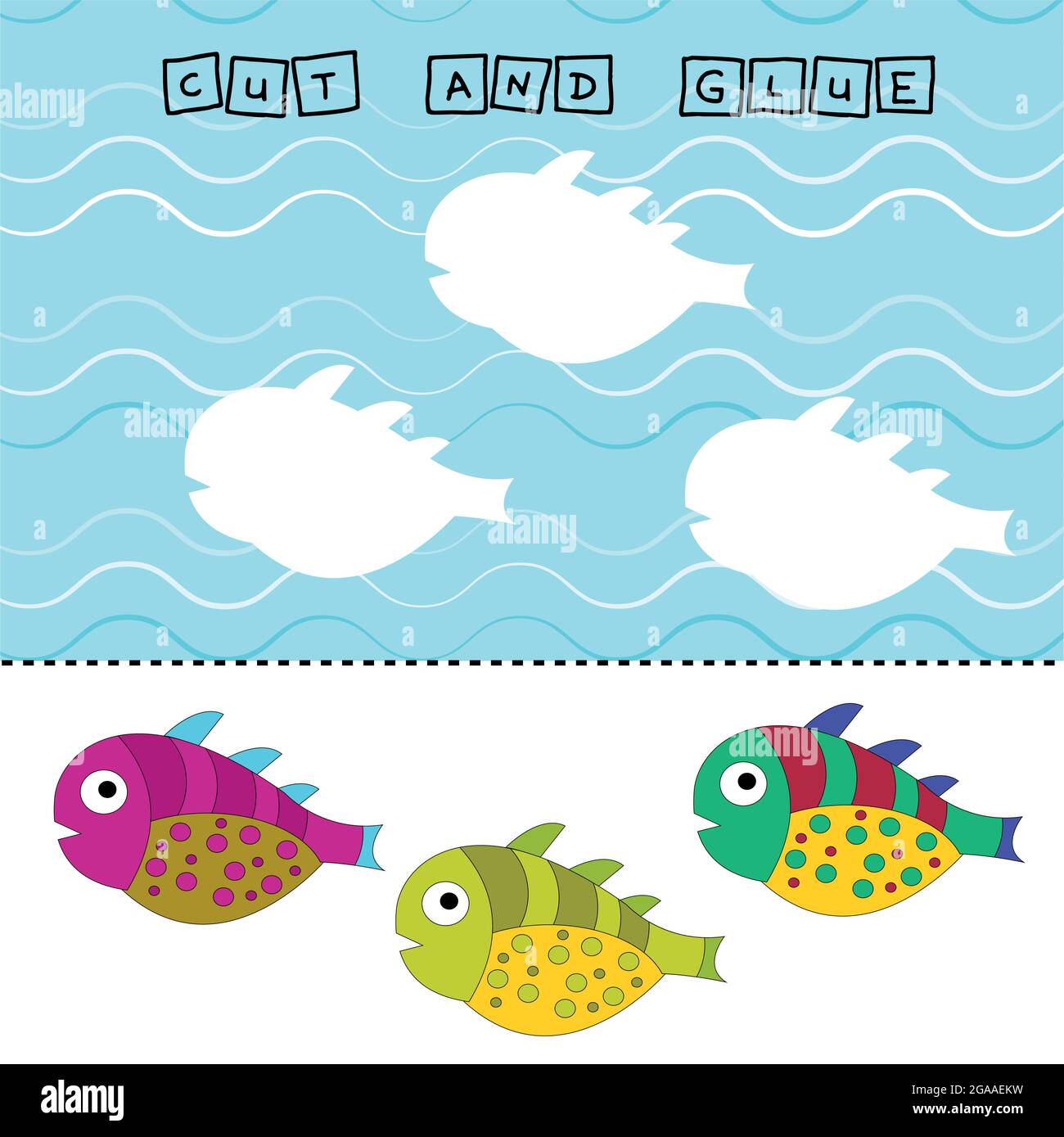 Fische Arbeitsblatt Vektor-Design, ist die Aufgabe zu schneiden und kleben ein Stück auf bunte niedliche Fische . Logikspiel für Kinder. Stock Vektor