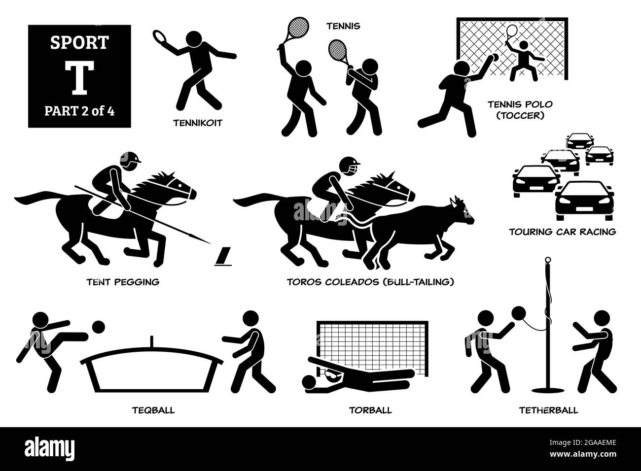 Sport Spiele Alphabet T Vektor Symbole Piktogramm. Tennikoit, Tennis, Tennispolo, Toccer, Zelt-Pegging, toros coleados, Tourenwagen-Rennen, Teqball, Torb Stock Vektor