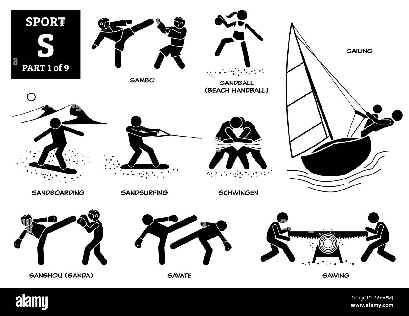 Sport Spiele Alphabet S Vektor Symbole Piktogramm. Sambo, Sandball, Strandhandball, Segeln, Sandboarding, Sandsurfing, schwingen, Sanshou, Sanda, Savate, Stock Vektor