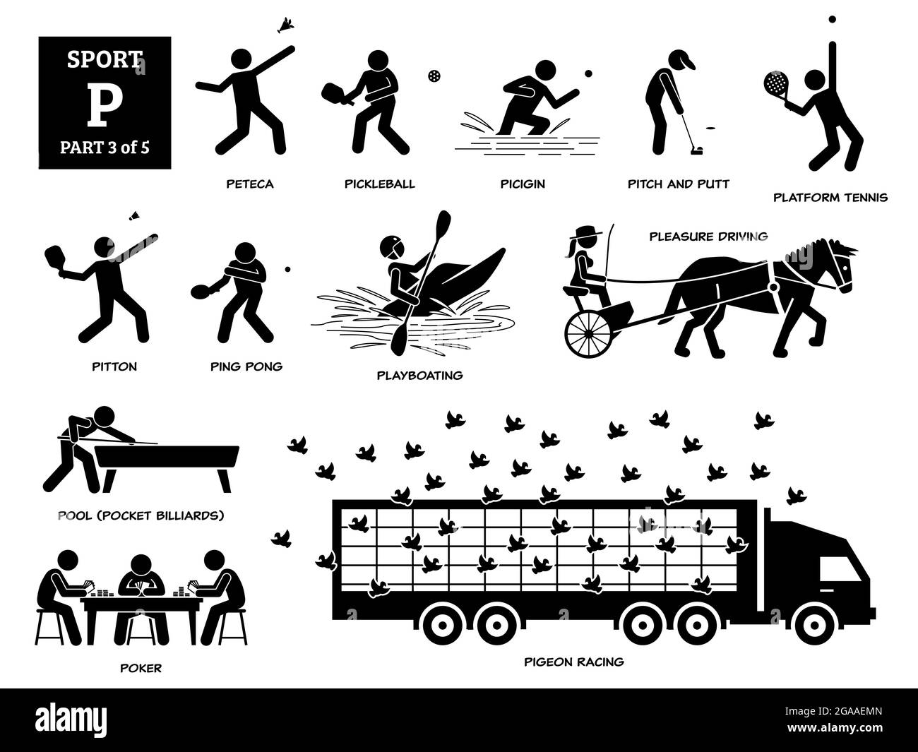 Sport Spiele Alphabet P Vektor Symbole Piktogramm. Peteca, Pickleball, Picigin, Pitch and Putt, Plateausennis, pitton, Tischtennis, Spielboot fahren, Vergnügen Stock Vektor