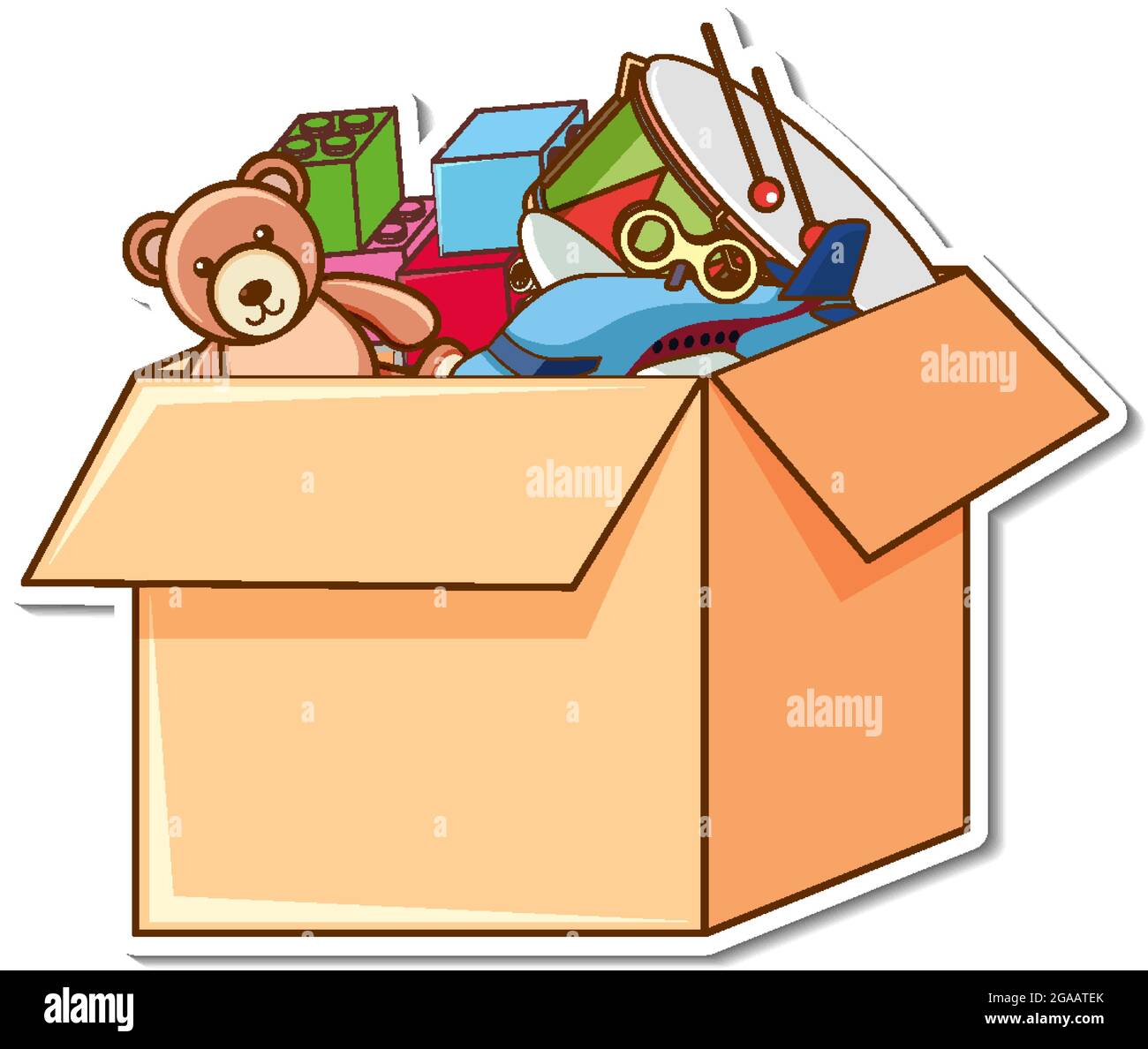 Eine Kiste voller Kinderspielzeug in Sticker-Stil Illustration  Stock-Vektorgrafik - Alamy