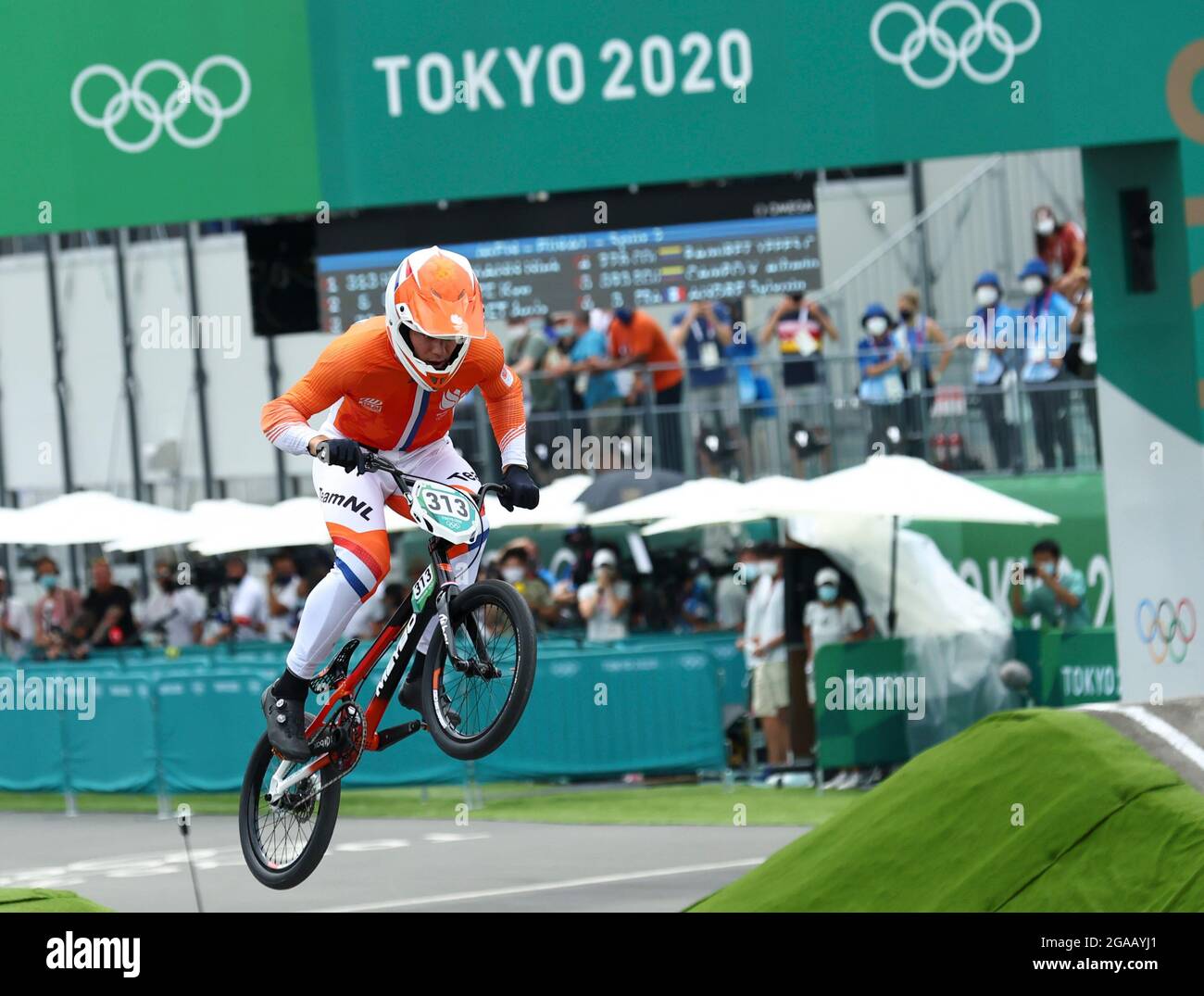 Tokio, Japan. Juli 2021. Niek Kimmann aus den Niederlanden tritt beim BMX-Rennfinale der Herren bei den Olympischen Spielen 2020 in Tokio, Japan, am 30. Juli 2021 an. Quelle: Lan Hongguang/Xinhua/Alamy Live News Stockfoto