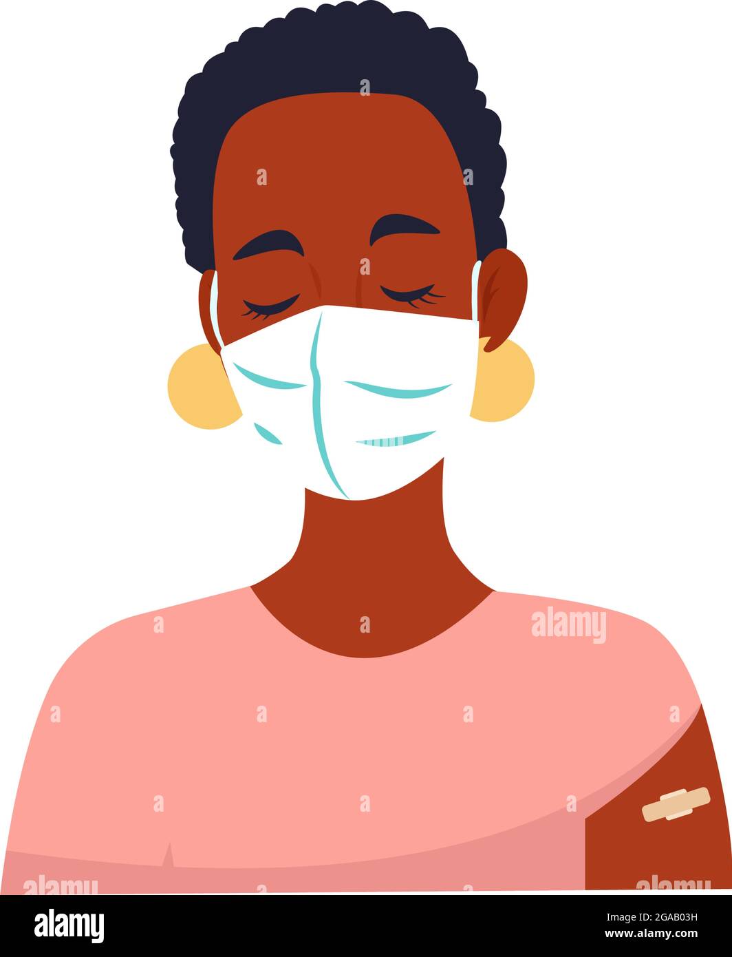 Afrikanische Frau in einer Schutzmaske mit einem Pfandband am Unterarm, antivirale Impfung. Vektorzeichen im flachen Stil Stock Vektor