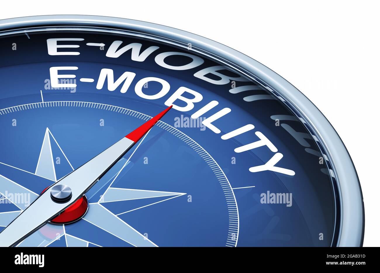 3D-Darstellung eines Kompasses mit dem Wort E-Mobilität Stockfoto