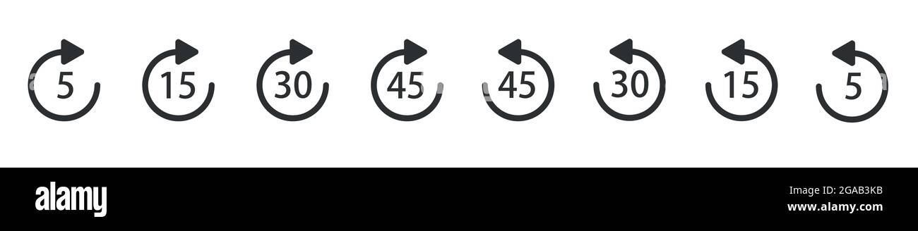 WebRepeat 5, 15, 30, 45 Sekunden einfaches Vektorsymbol. Wiedergabesymbole. Wiedergabesymbol für Anwendung und Web- oder Media-Player. Stock Vektor