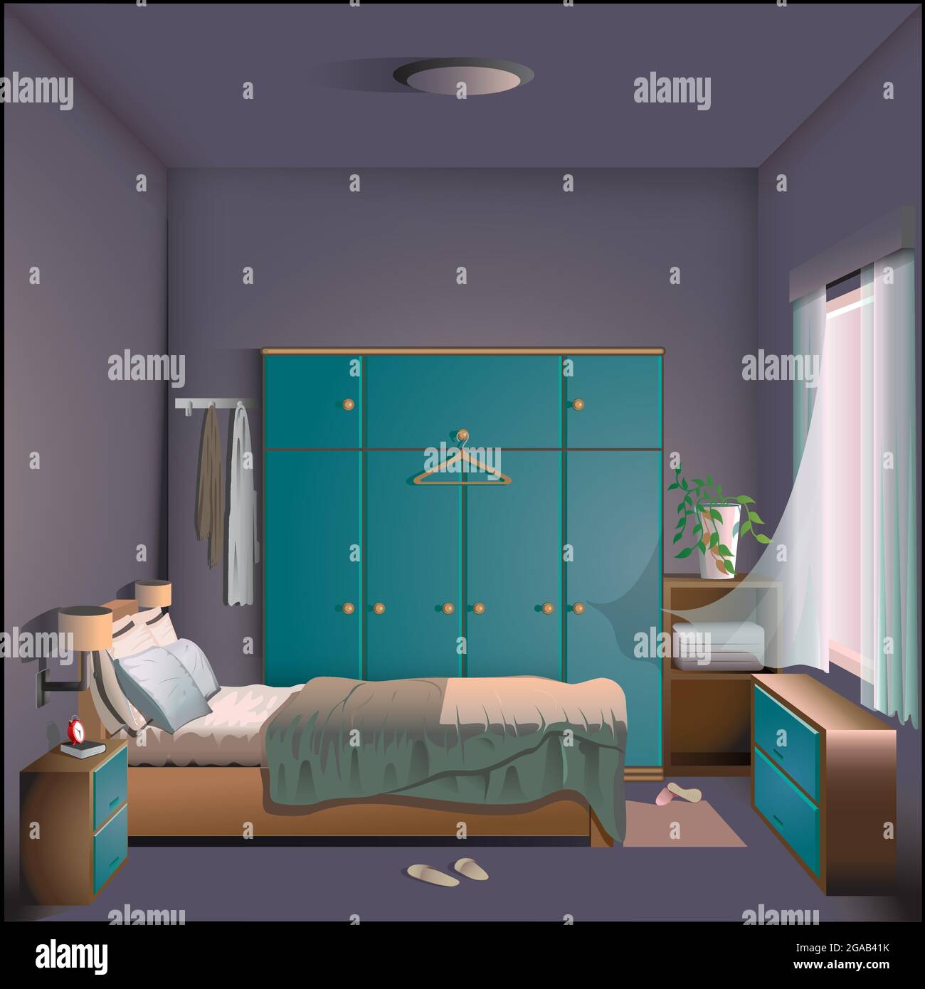 Schlafzimmer im Nachmittag Hintergrund Illustration editierbar Vektor-Format. Stock Vektor