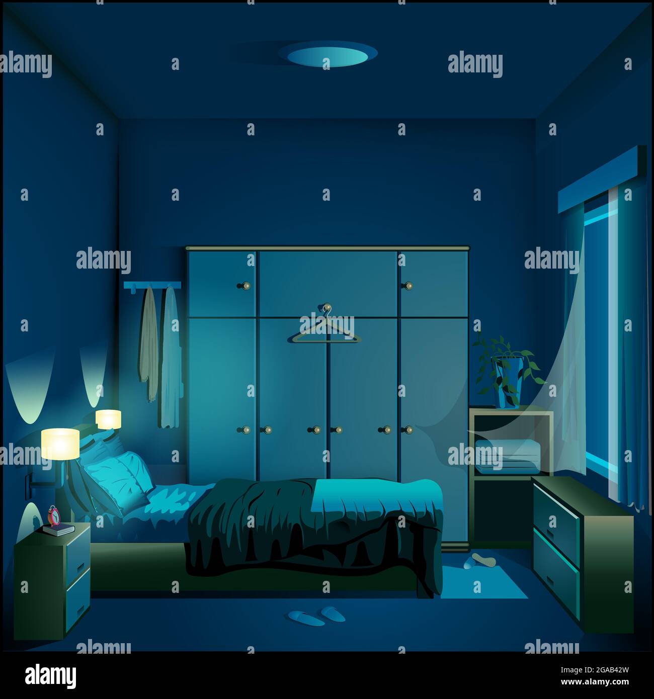 Schlafzimmer bei Nacht Hintergrund Vektor Illustration editierbar Vektorformat. Stock Vektor