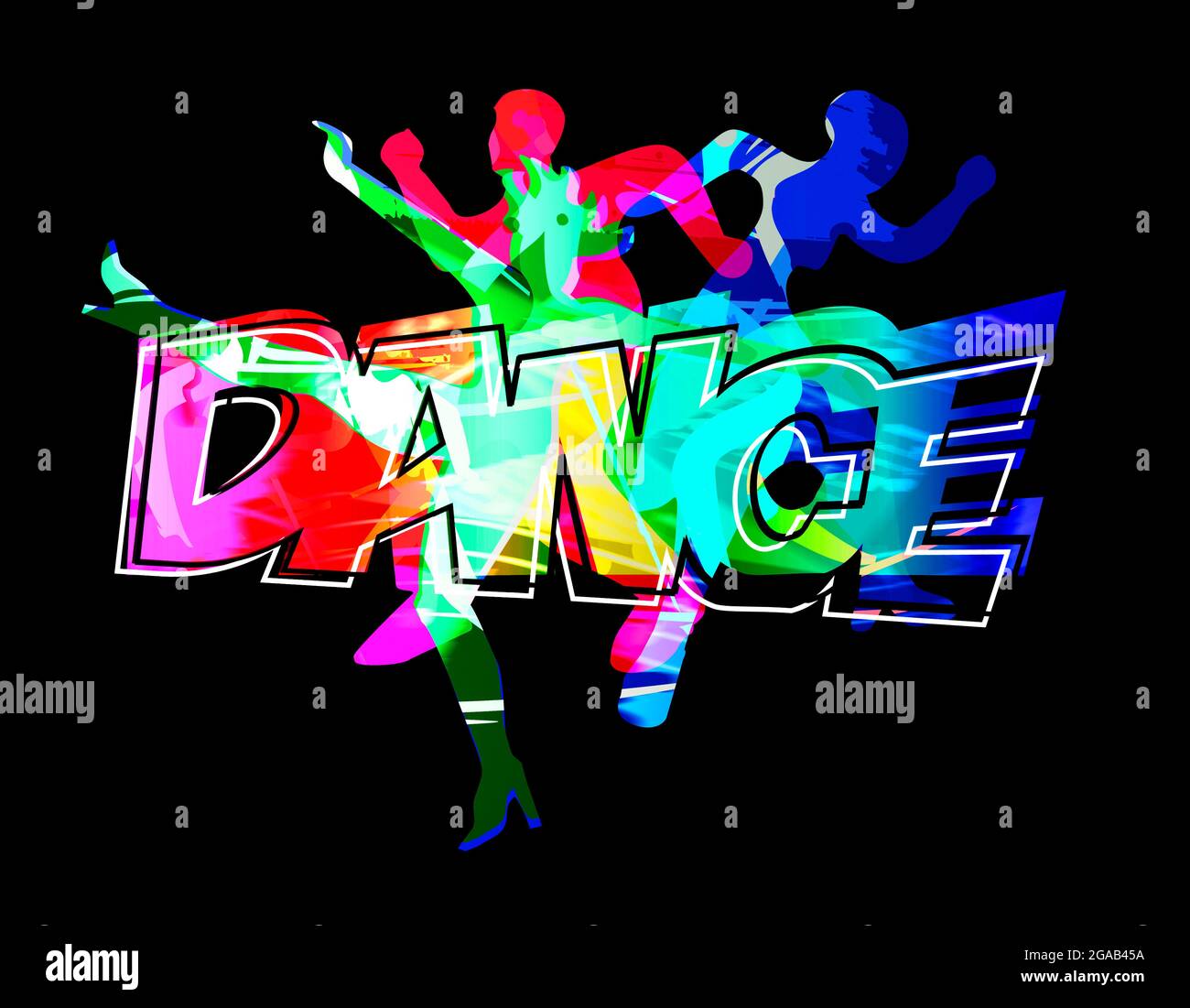 Tänzer, moderner Disco-Tanz, Nachtparty. Ausdrucksstarke stilisierte Illustration von drei tanzenden Jugendlichen und TANZEINSCHRIFT auf schwarzem Hintergrund. Stockfoto