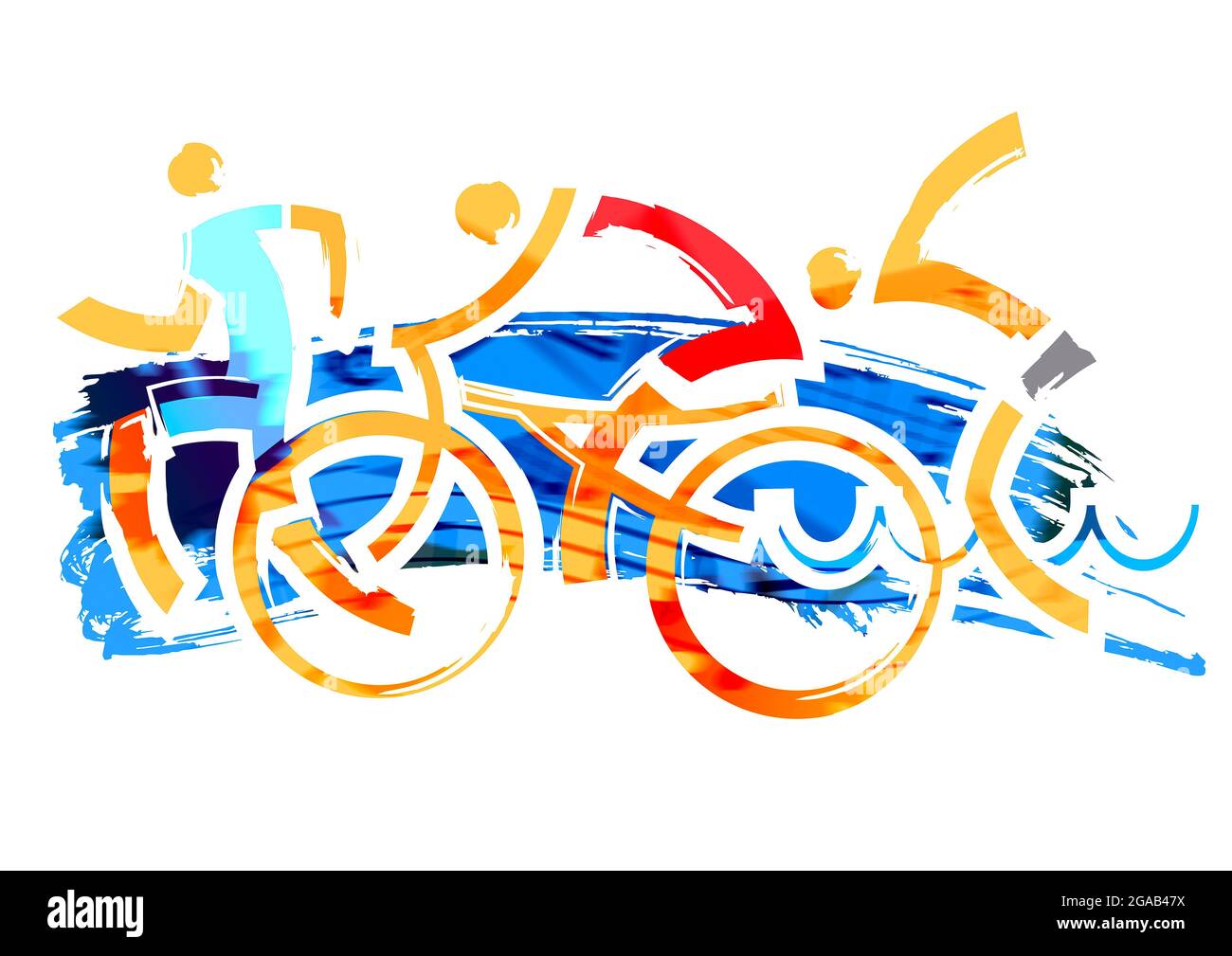 Triathlon-Rennen. Drei Triathlon-Athleten, ausdrucksstarke stilisierte Illustration.Imitation der Pinselzeichnung. Stockfoto