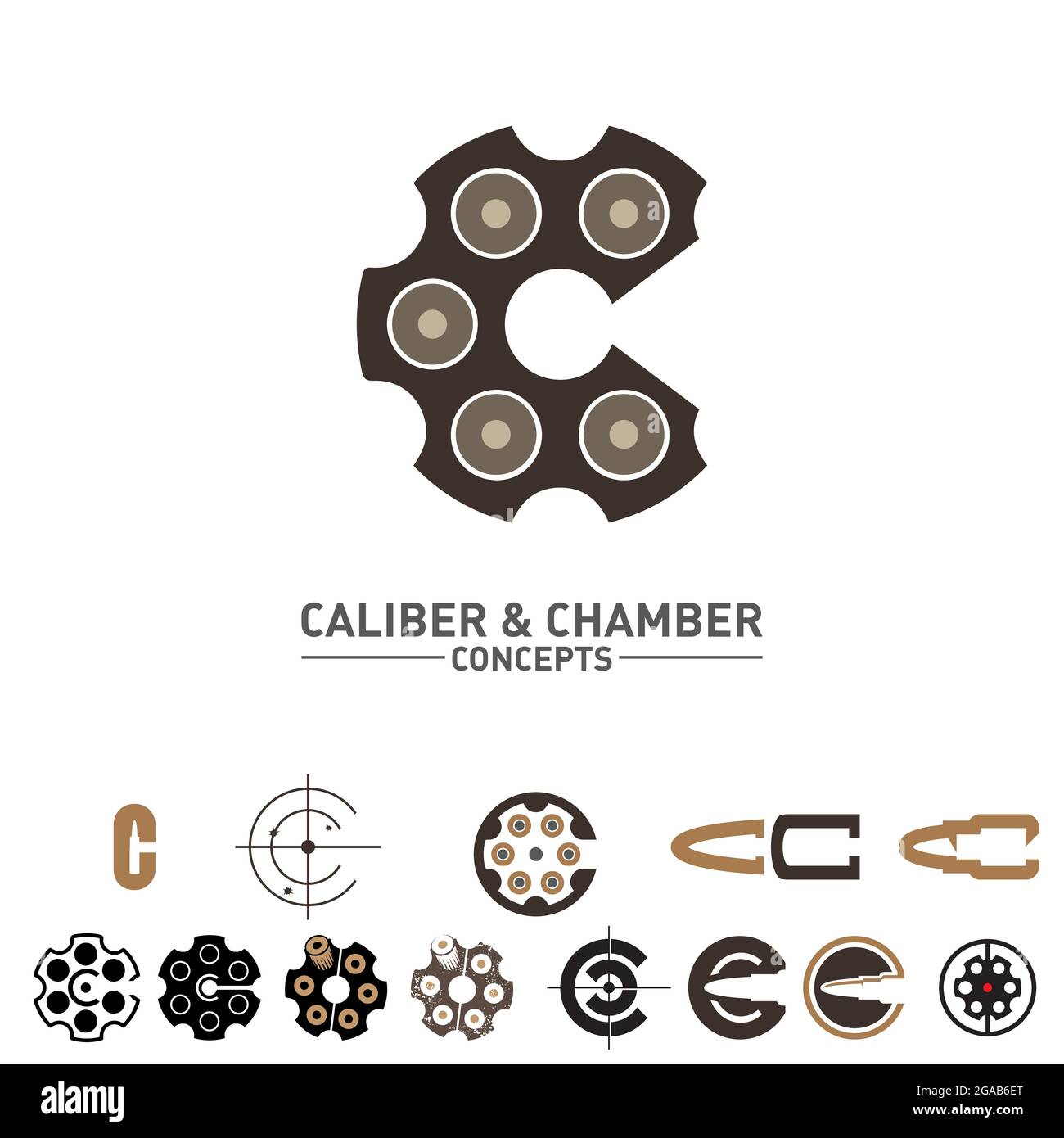 C-Buchstabe Kaliber und Kammer Konzepte Symbolsatz Vektor für Militär und Rüstungsindustrie Stock Vektor