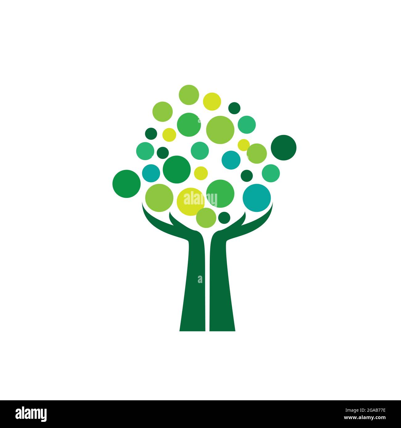 Baum mit Kreisblättern und Händen, um das Baumsymbol zu pflegen Stock Vektor
