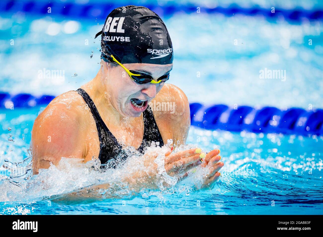 Die Belgierin Fanny Lecluyse wurde während des Finales der 200-m-Schwimmveranstaltung für Frauen mit Brustschwimmen am achten Tag der Olympischen Spiele in Tokio 2020 in Aktion gezeigt Stockfoto