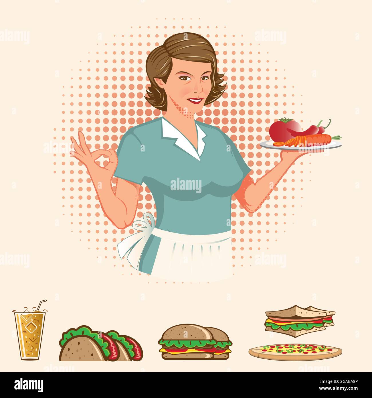 Retro Lady mit einem Teller voller Lebensmittel-Vektor-Illustration Stock Vektor