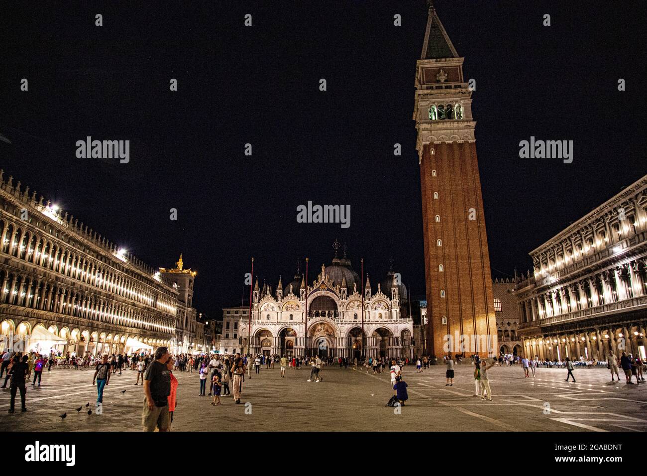 Blick auf den Markusplatz in Venedig bei Nacht mit Leuchten im Inneren Stockfoto